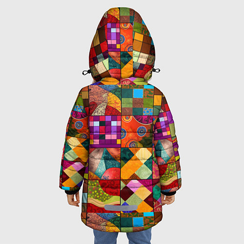 Зимняя куртка для девочки Лоскутное шитье, пэчворк из нейросети / 3D-Черный – фото 4