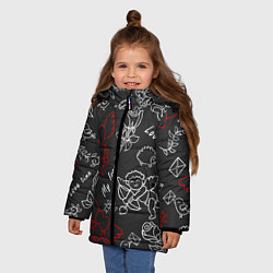 Куртка зимняя для девочки Летающие сердца купидоны розы на черном фоне, цвет: 3D-черный — фото 2