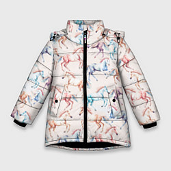Куртка зимняя для девочки Лошади акварельные - паттерн, цвет: 3D-черный
