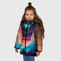 Куртка зимняя для девочки Абстрактный кусок земли со снежным лесом и космосо, цвет: 3D-красный — фото 2