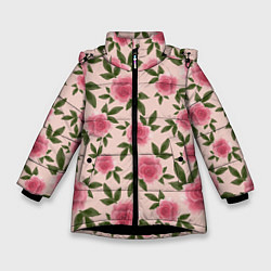 Куртка зимняя для девочки Акварельные розы на бежевом - паттерн, цвет: 3D-черный