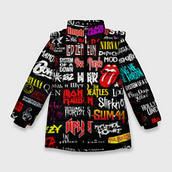 Куртка зимняя для девочки Логотипы рок групп цветные, цвет: 3D-черный