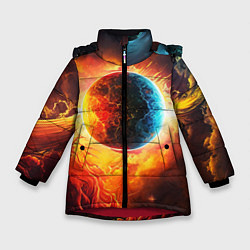 Куртка зимняя для девочки Планета в огненном космосе, цвет: 3D-красный