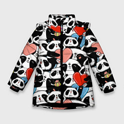 Куртка зимняя для девочки Панды с сердечками, цвет: 3D-черный