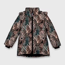 Куртка зимняя для девочки Тропический коричнево серый узор, цвет: 3D-черный