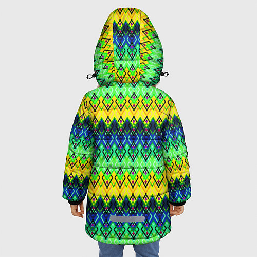 Зимняя куртка для девочки Разноцветный желто-синий геометрический орнамент / 3D-Светло-серый – фото 4