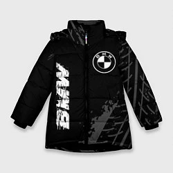 Куртка зимняя для девочки BMW speed на темном фоне со следами шин: надпись,, цвет: 3D-черный