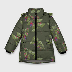 Куртка зимняя для девочки Ветки фуксии на зеленом фоне, цвет: 3D-светло-серый