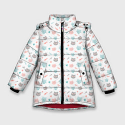 Куртка зимняя для девочки Влюбленные коты с сердцами паттерн, цвет: 3D-красный