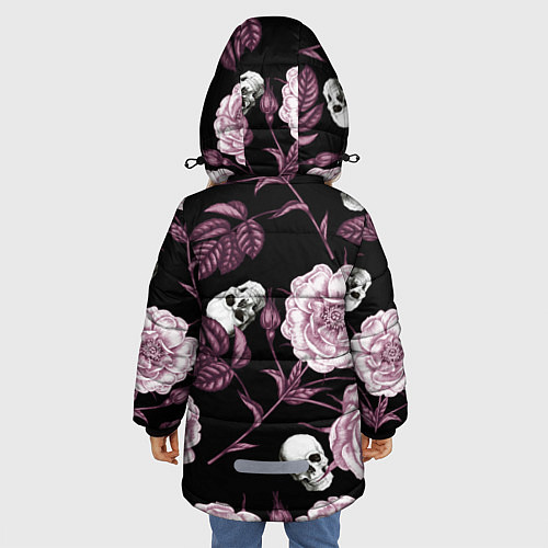 Зимняя куртка для девочки Розовые цветы с черепами / 3D-Черный – фото 4