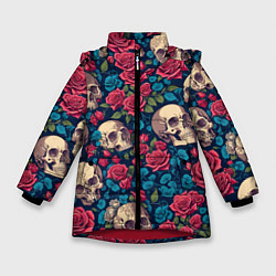 Куртка зимняя для девочки Черепа и красные розы, цвет: 3D-красный