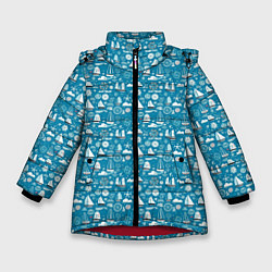 Куртка зимняя для девочки Белые кораблики паттерн, цвет: 3D-красный