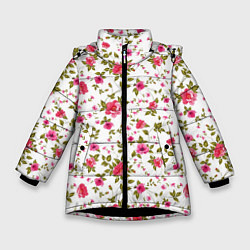 Куртка зимняя для девочки Розовые цветы на белом фоне, цвет: 3D-черный