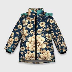 Куртка зимняя для девочки Золотые цветы узор, цвет: 3D-светло-серый