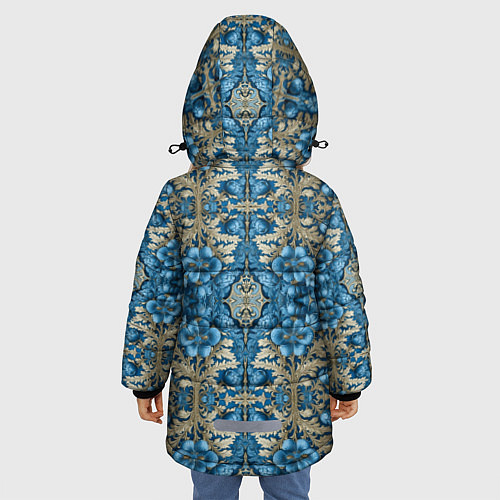 Зимняя куртка для девочки Сине-золотой цветочный узор / 3D-Черный – фото 4