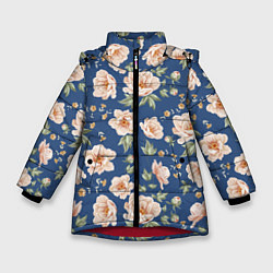 Зимняя куртка для девочки Розовые пионы на синем фоне