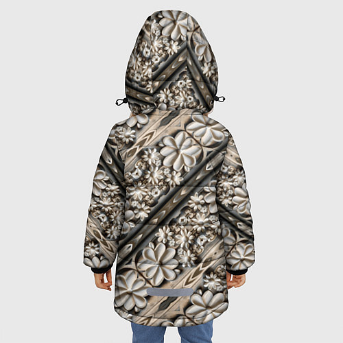 Зимняя куртка для девочки Бежевые деревянные цветы / 3D-Черный – фото 4