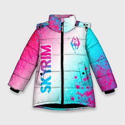 Куртка зимняя для девочки Skyrim neon gradient style: надпись, символ, цвет: 3D-черный
