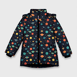 Зимняя куртка для девочки Темный космос с планетами паттерн