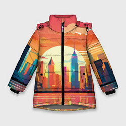 Куртка зимняя для девочки Городской пейзаж на рассвете, цвет: 3D-светло-серый