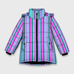Куртка зимняя для девочки Розово-голубой неновый полосатый узор, цвет: 3D-черный