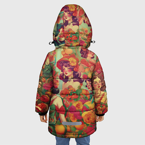 Зимняя куртка для девочки Винтажные ретро леди и цветы / 3D-Черный – фото 4