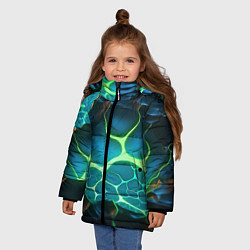 Куртка зимняя для девочки Разлом синих и зеленых неоновых плит, цвет: 3D-светло-серый — фото 2