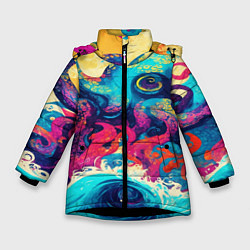Зимняя куртка для девочки Разноцветный осьминог на волнах красок