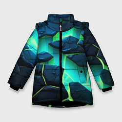 Куртка зимняя для девочки Разлом объемных зеленых плит, цвет: 3D-черный