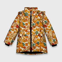 Куртка зимняя для девочки Осенние листья узор, цвет: 3D-черный