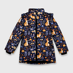 Куртка зимняя для девочки Оранжевые зайчики в траве на синем фоне, цвет: 3D-черный