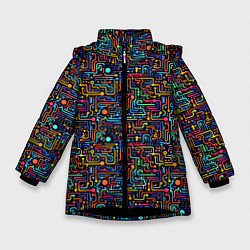 Куртка зимняя для девочки Абстрактные разноцветные линии на черном фоне, цвет: 3D-черный
