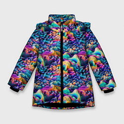 Куртка зимняя для девочки Разноцветные причудливые волны, цвет: 3D-черный