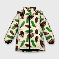 Куртка зимняя для девочки Зимний узор - еловые ветки и шишки, цвет: 3D-черный