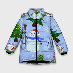 Куртка зимняя для девочки Снеговики с новогодними елками паттерн, цвет: 3D-черный