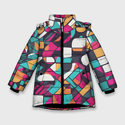 Куртка зимняя для девочки Разноцветные ретро фигуры, цвет: 3D-черный