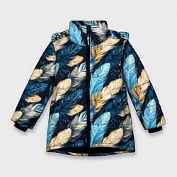 Куртка зимняя для девочки Перья птиц на темном фоне паттерн, цвет: 3D-черный