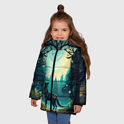 Куртка зимняя для девочки Волк в ночном лесу фолк-арт, цвет: 3D-красный — фото 2
