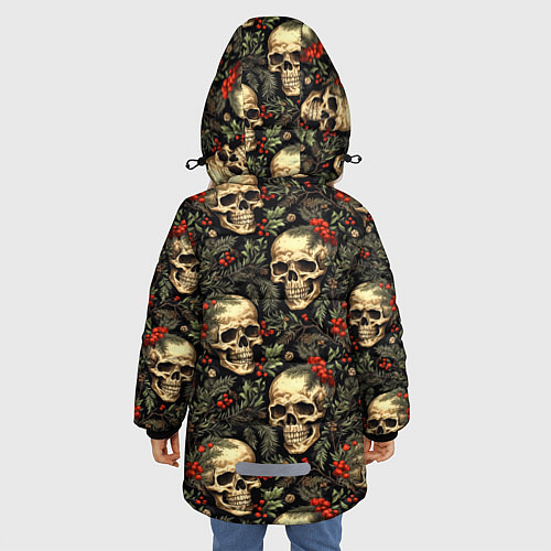 Зимняя куртка для девочки Череп рябина шишки и хвойные ветки / 3D-Черный – фото 4