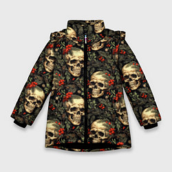 Куртка зимняя для девочки Череп рябина шишки и хвойные ветки, цвет: 3D-черный
