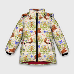 Куртка зимняя для девочки Сказочный лес бурундук и сова в деревьях, цвет: 3D-красный