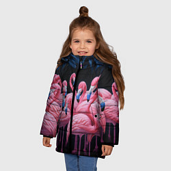 Куртка зимняя для девочки Стая розовых фламинго в темноте, цвет: 3D-черный — фото 2