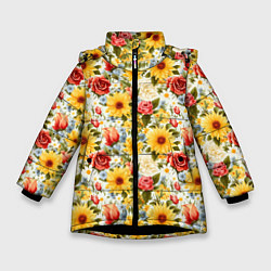 Куртка зимняя для девочки Паттерн из желтых и красных цветов, цвет: 3D-черный