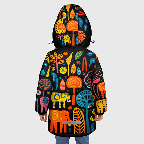 Зимняя куртка для девочки Африканский узор со слонами - нейросеть / 3D-Черный – фото 4