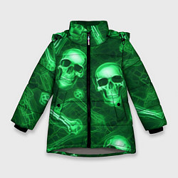 Куртка зимняя для девочки Зелёные черепа и кости, цвет: 3D-светло-серый