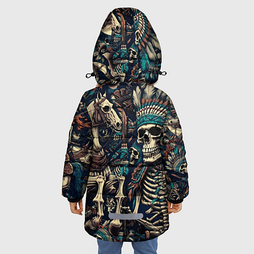 Зимняя куртка для девочки Татуировка скелета индейца и ковбоя в техасе / 3D-Черный – фото 4