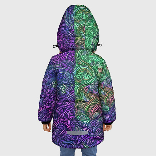 Зимняя куртка для девочки Вьющийся узор фиолетовый и зелёный / 3D-Черный – фото 4