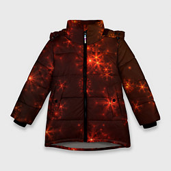 Куртка зимняя для девочки Абстрактные светящиеся красно оранжевые снежинки, цвет: 3D-светло-серый