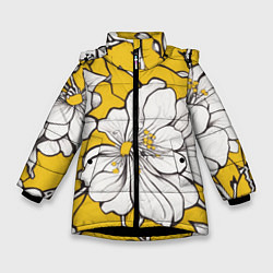 Куртка зимняя для девочки Японский паттерн цветов, цвет: 3D-черный