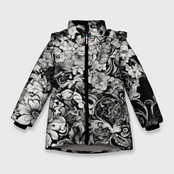 Зимняя куртка для девочки Чёрно белый цветочны узор